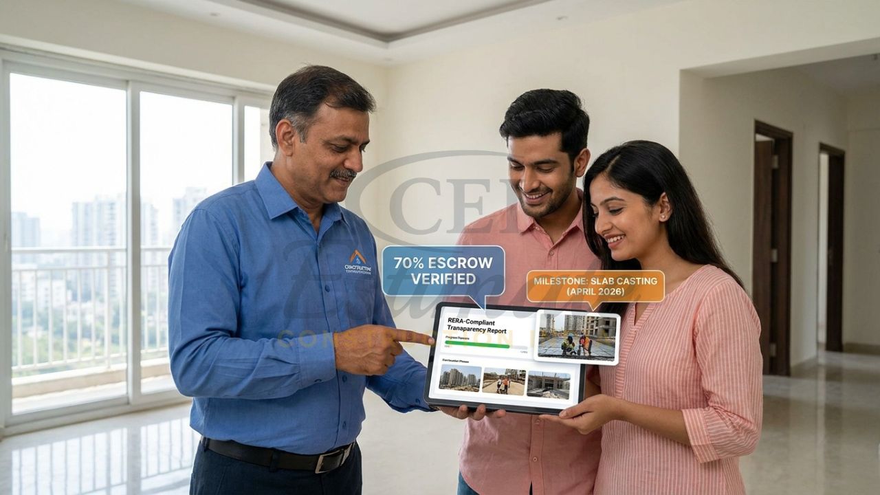 An Indian builder showing a young couple a tablet with a RERA-compliant project transparency report inside a nearly finished modern apartment.