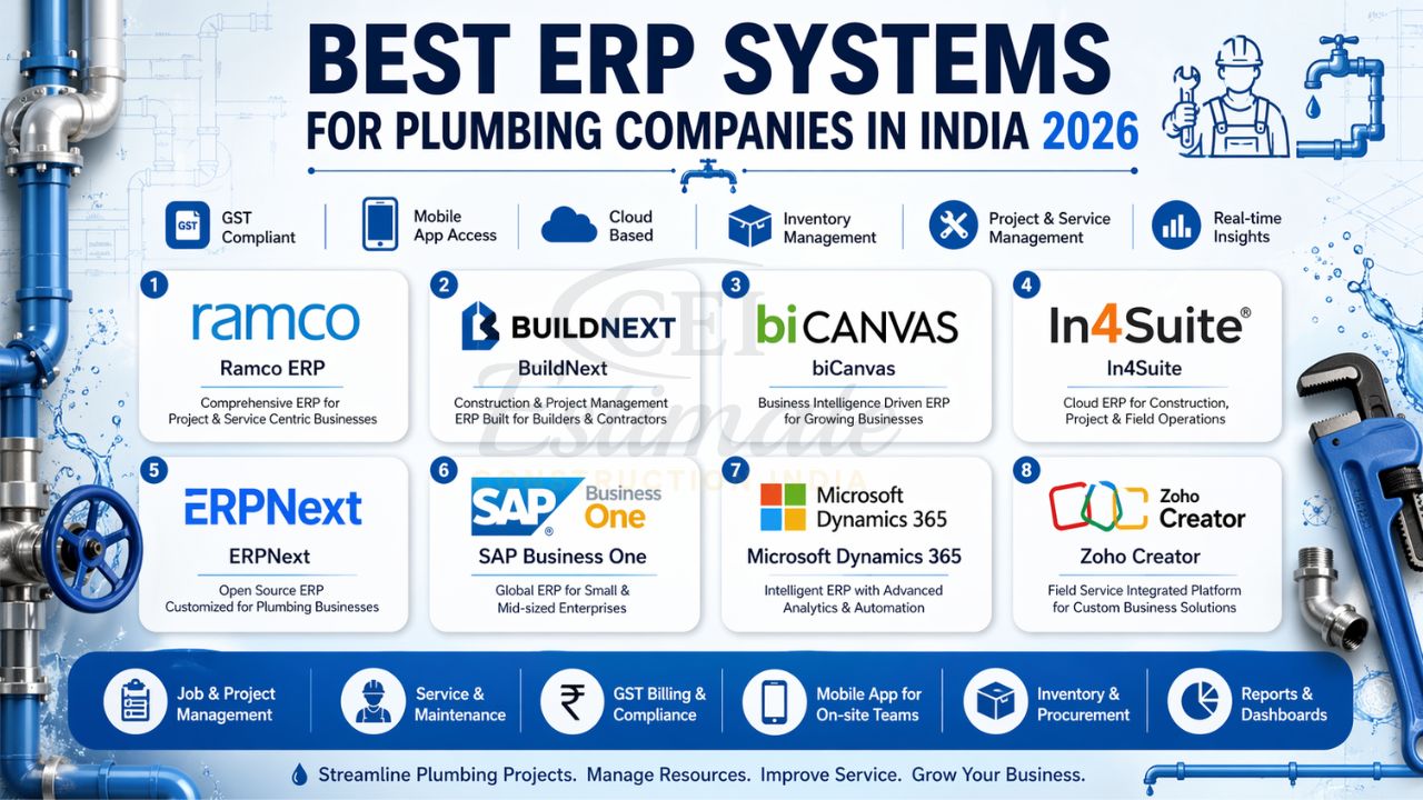 best ERP software for plumbing companies India 2026 Ramco BuildNext biCanvas In4Suite ERPNext SAP Microsoft Dynamics Zoho