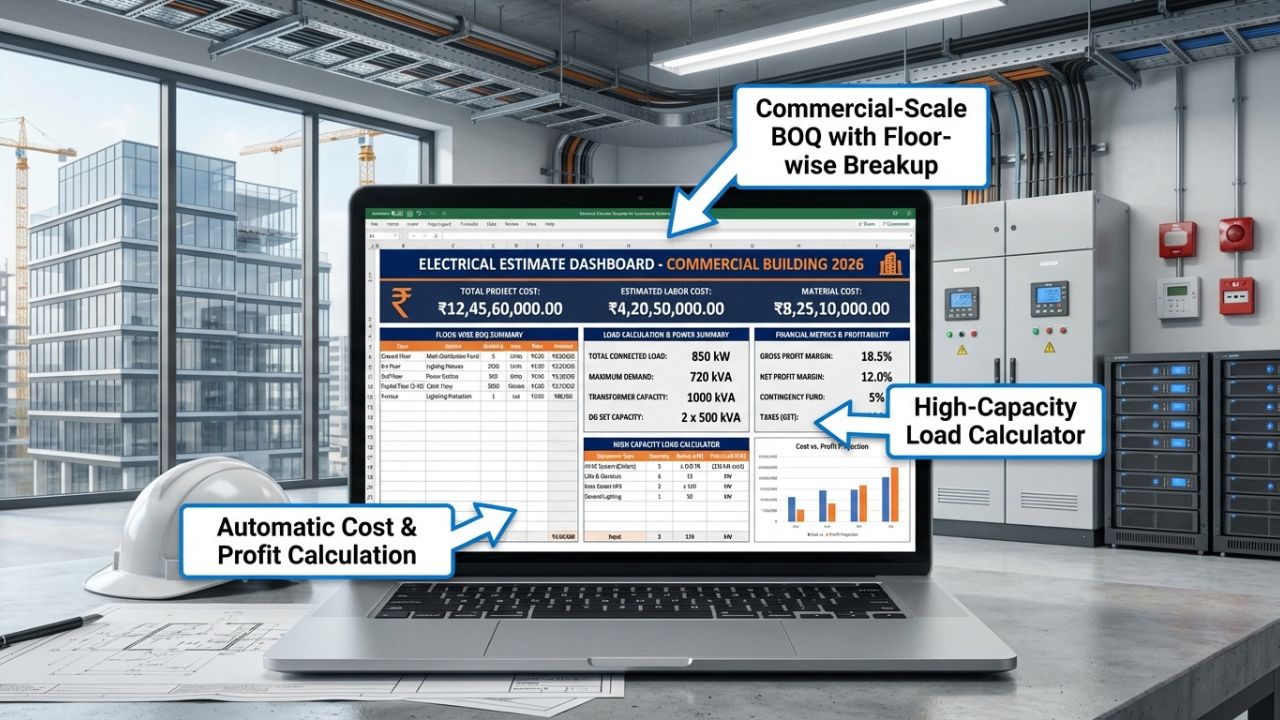 Professional electrical estimate template for commercial buildings in India with BOQ, load calculator and automatic calculations