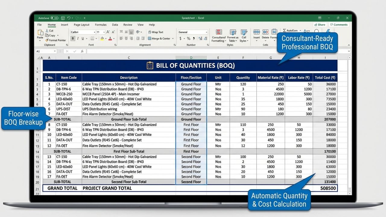 Professional commercial building electrical BOQ generated from estimate template with floor-wise breakup