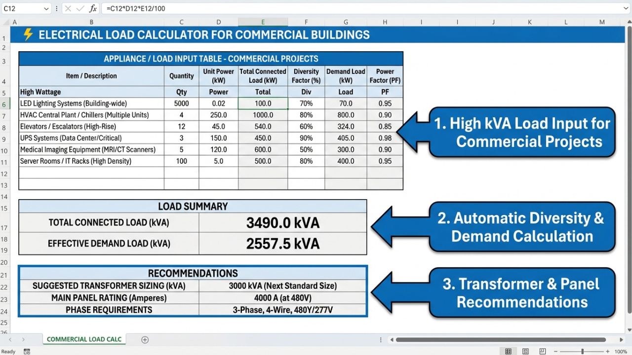 High-capacity electrical load calculator for commercial buildings showing kVA demand and panel recommendations