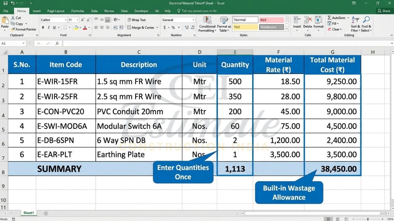 Detailed electrical material takeoff spreadsheet showing quantity, rate and total cost with automatic calculations