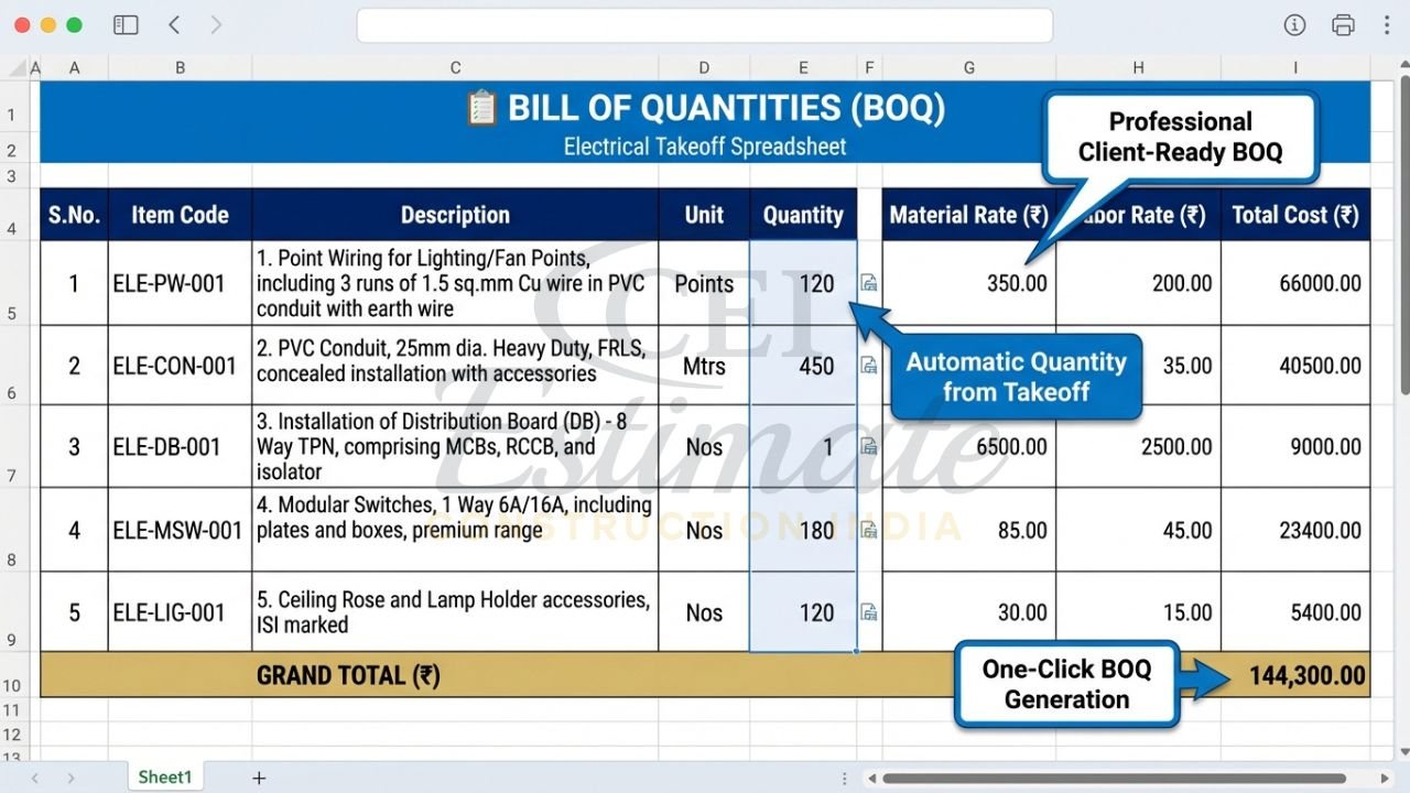 Professional Bill of Quantities BOQ automatically generated from electrical takeoff spreadsheet