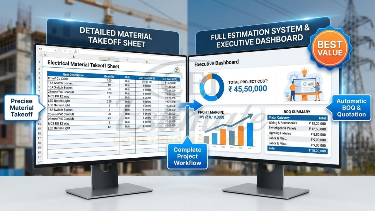 Complete electrical takeoff spreadsheet bundle with BOQ, load calculator and full estimation system for Indian contractors
