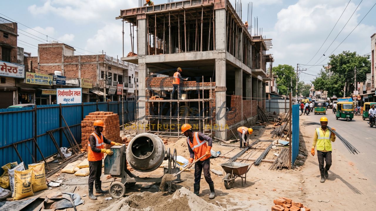 Construction workers building residential structure with concrete mixer bricks and scaffolding on site in India