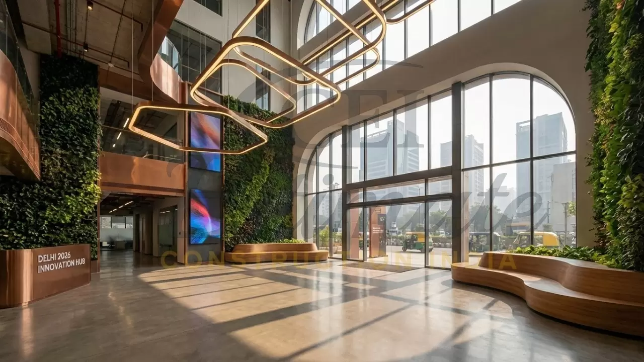 Dramatic high-ceiling lighting office lobby design Delhi 2026 trends