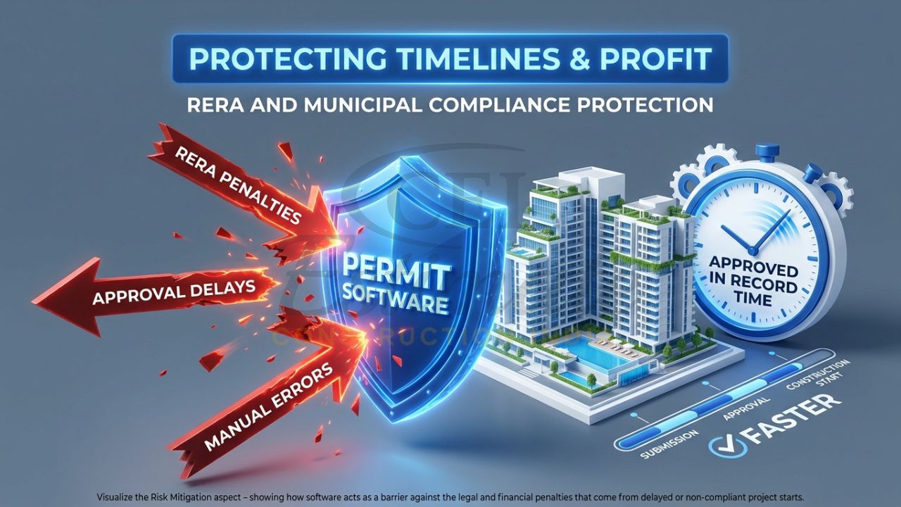 A 3D digital shield representing "Permit Software" protecting a construction project from red jagged arrows labeled "RERA Penalties," "Approval Delays," and "Compliance Errors."