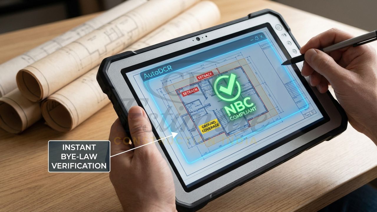 A close-up of a laptop screen where an AutoDCR algorithm is automatically highlighting setbacks and FAR violations on a 2D CAD drawing.