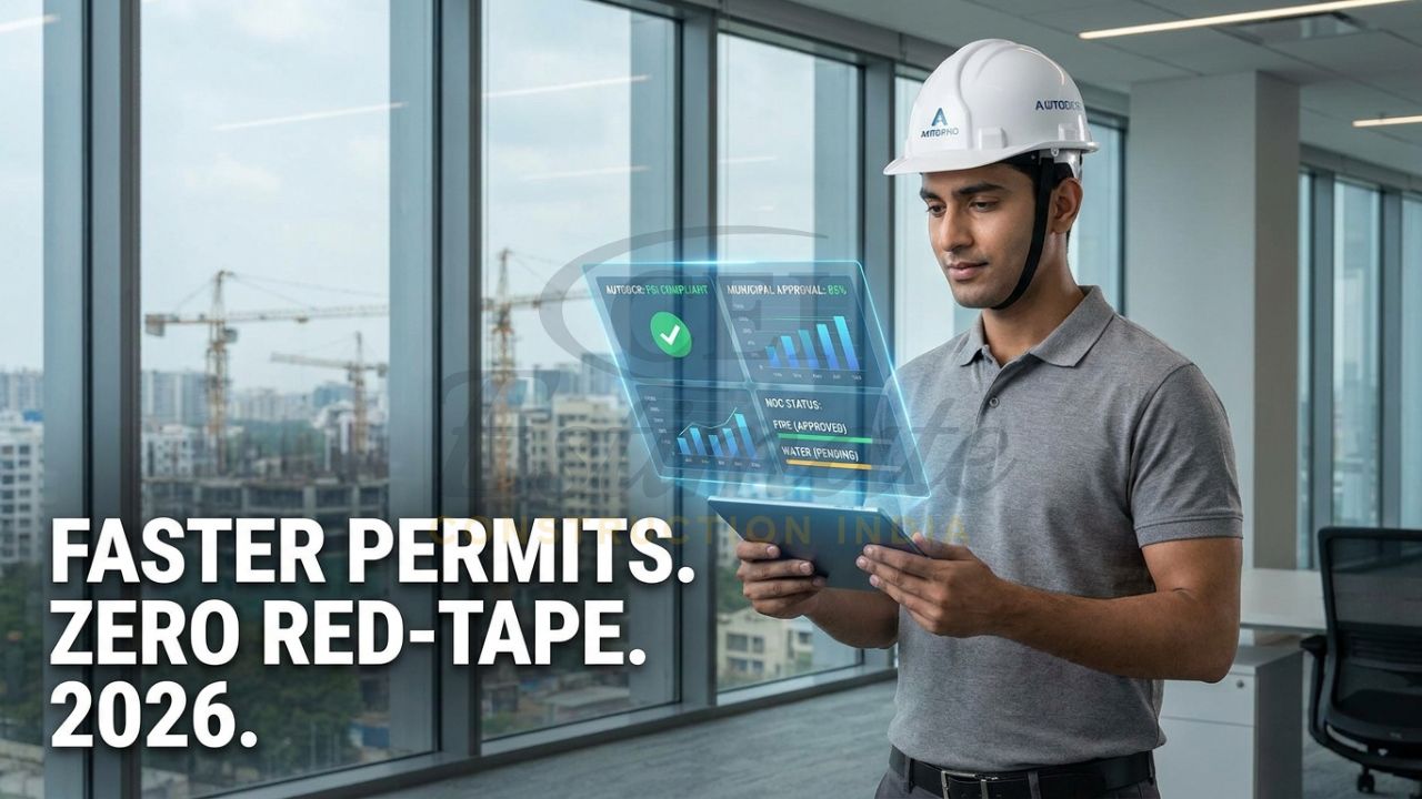 A professional Indian developer in a safety vest reviewing a digital building plan on a tablet, with a holographic overlay showing real-time municipal approval status, AutoDCR checks, and NOC tracking.