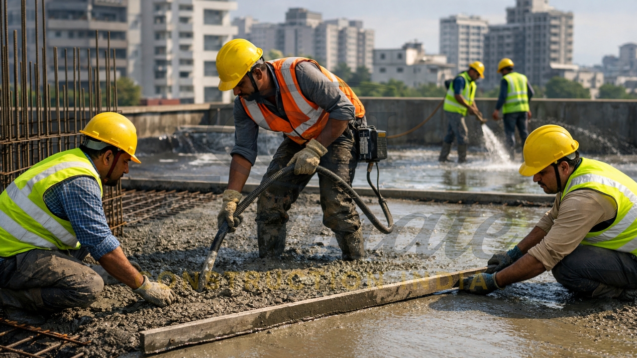 RCC slab casting with concrete pouring, vibration, and leveling process