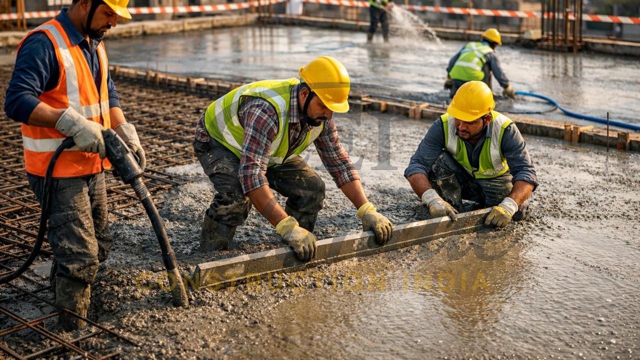 Slab casting work with reinforcement, concrete pouring, and surface leveling