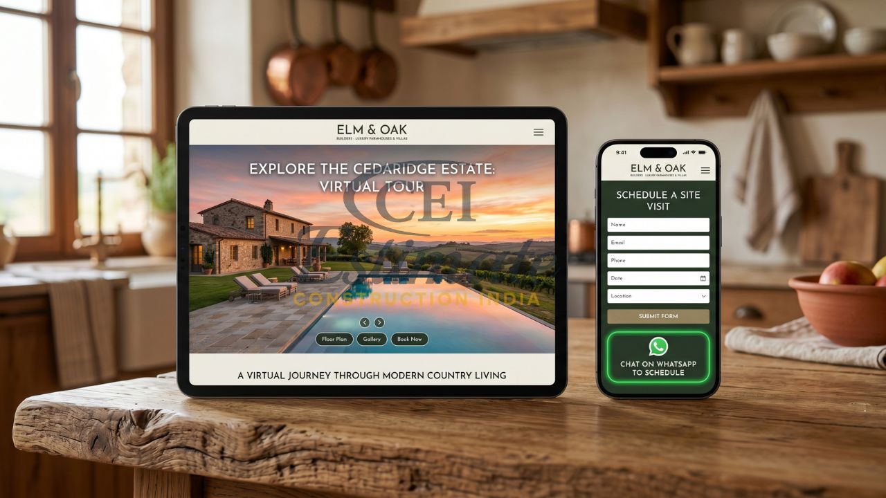 Farmhouse builder website design with virtual tour booking form and WhatsApp contact integration on mobile and tablet
