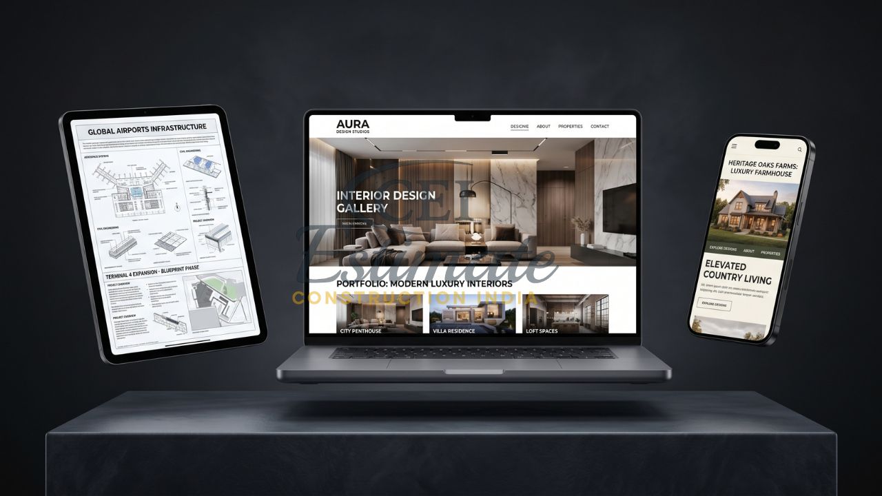 Responsive website design for interior designers airport construction and farmhouse builders with portfolio and blueprint layout