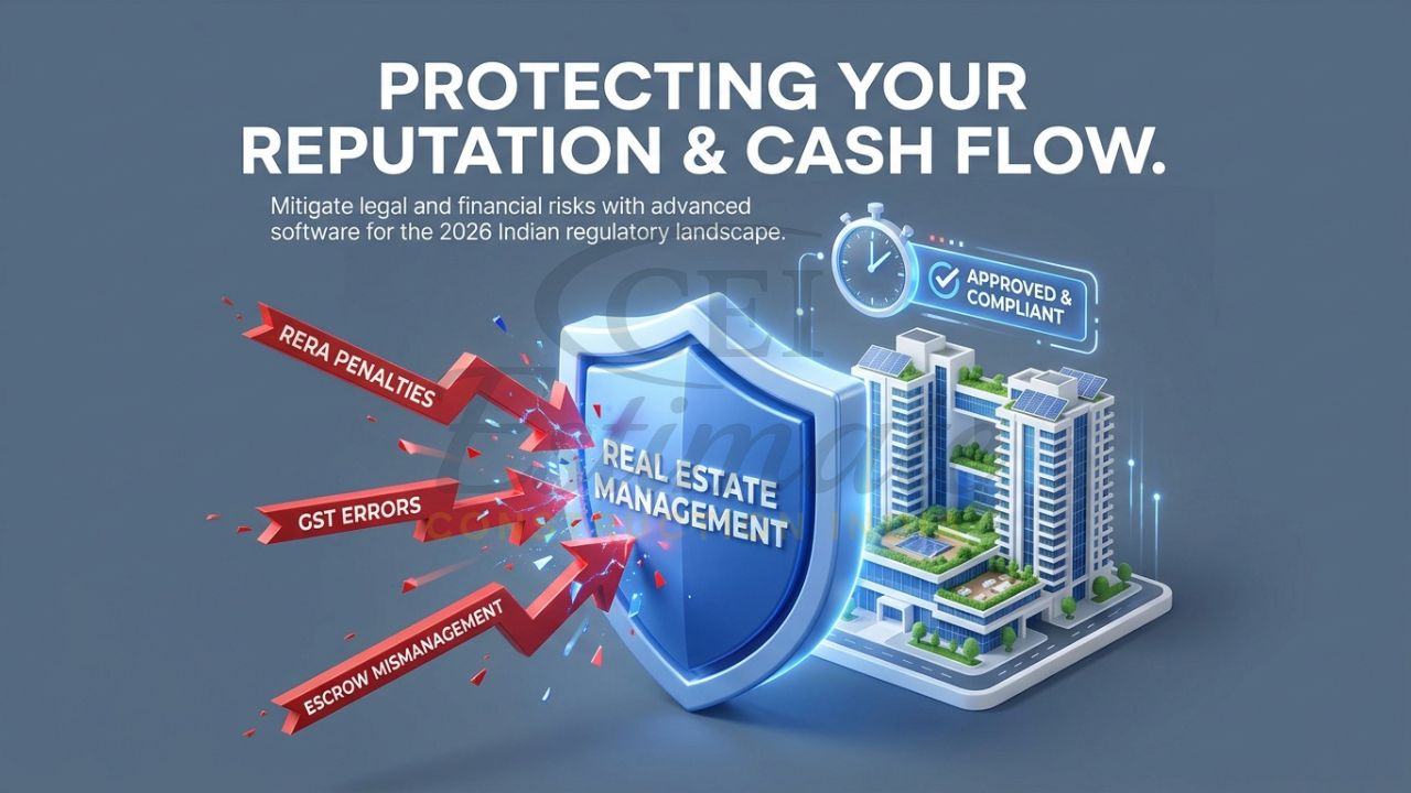 A 3D digital shield representing "Real Estate Software" protecting a township project from red jagged arrows labeled "RERA Penalties," "Escrow Mismatches," and "Legal Delays."