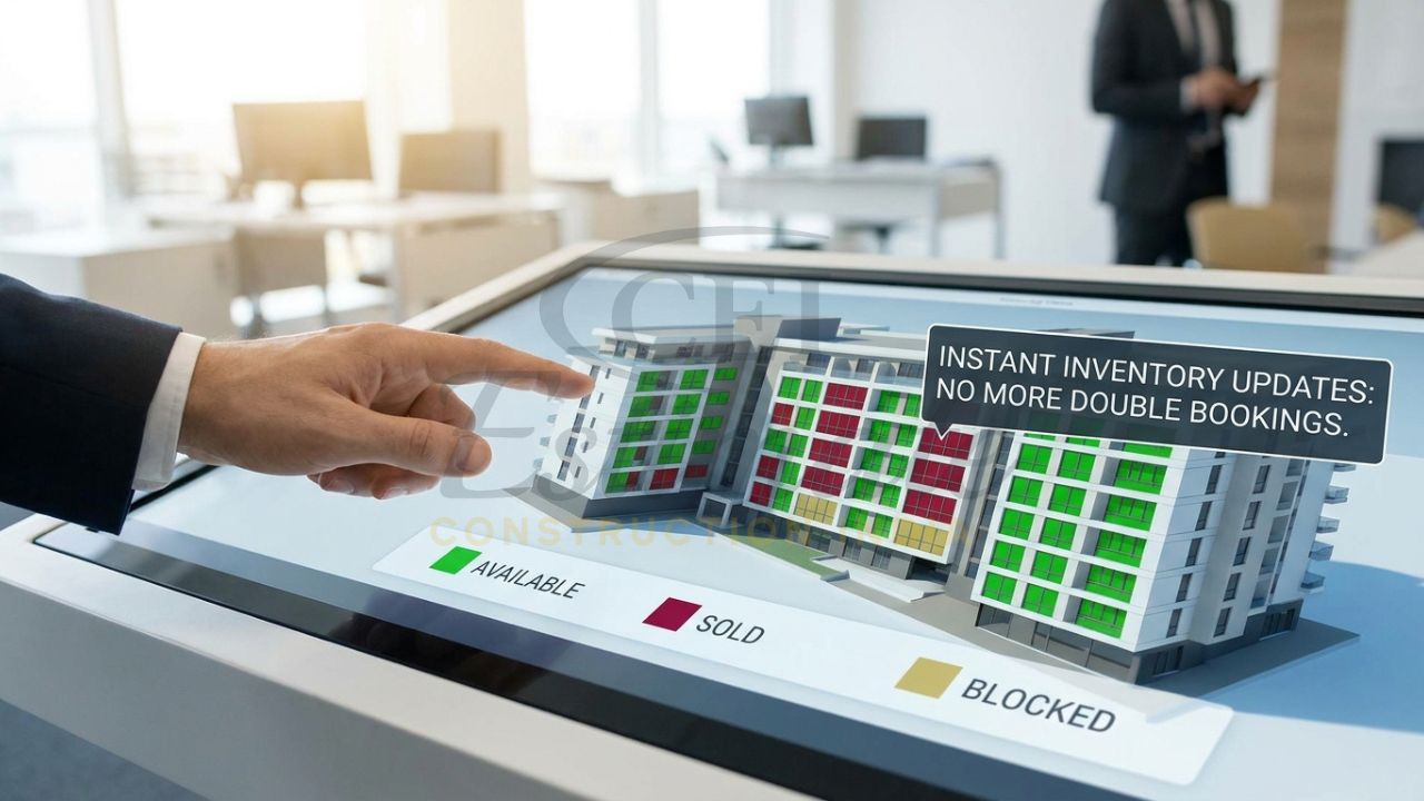 A sales manager in a modern experience center using a large touchscreen to show a buyer an interactive 3D map of a project, highlighting available and sold units instantly.