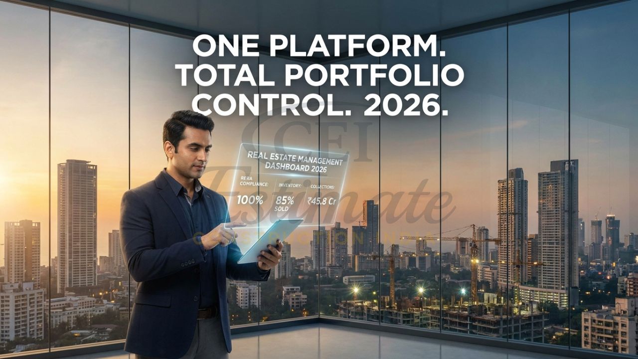 A professional Indian real estate developer in a high-rise office holding a tablet, with a holographic "Project Dashboard" showing real-time unit inventory, RERA compliance status, and payment collections across multiple cities.