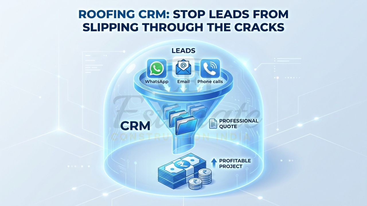 A 3D digital funnel showing leads moving from "WhatsApp Inquiry" to "Professional Quote" and finally to "Profitable Project," shielded by a blue CRM dome.
