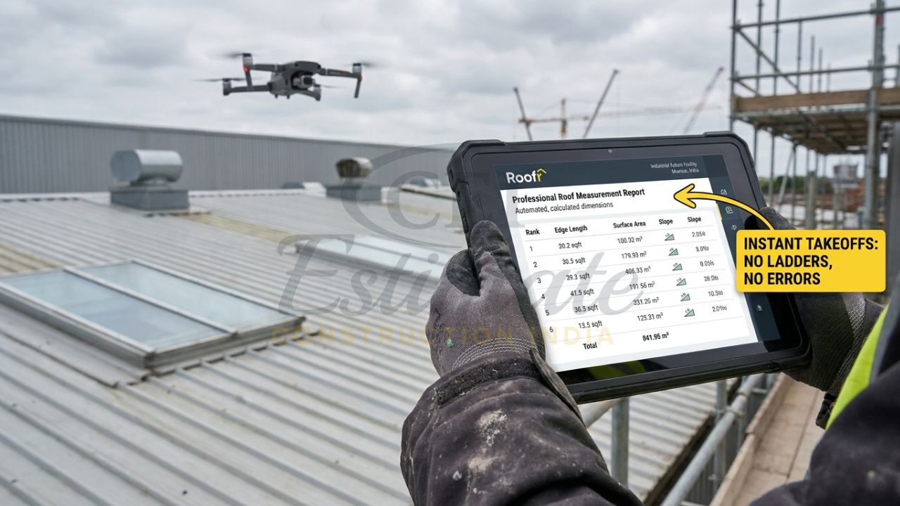 A drone hovering over a complex industrial roof in Mumbai, with a tablet screen in the foreground showing an automated measurement report generated by Roofr or AccuLynx.
