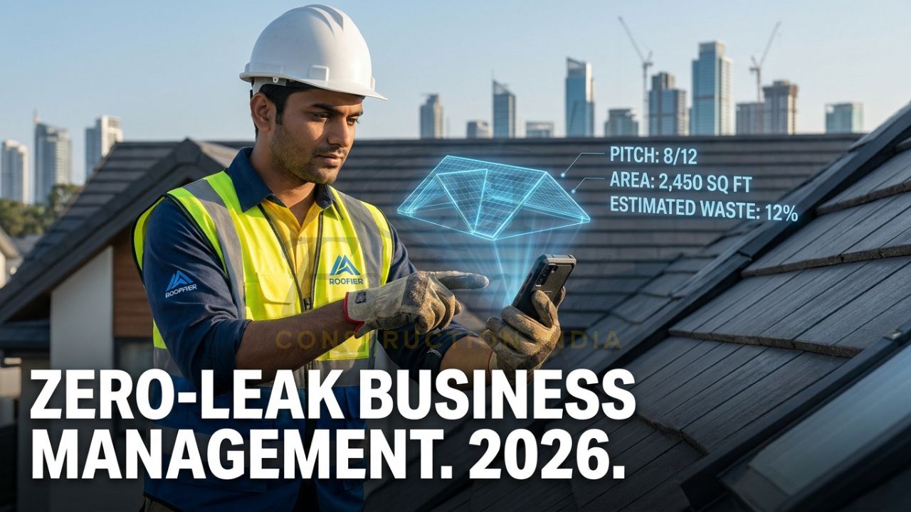 A professional Indian roofing contractor in a safety vest using a tablet on a rooftop, with a holographic 3D roof model showing pitch, slope, and material waste calculations in real-time.