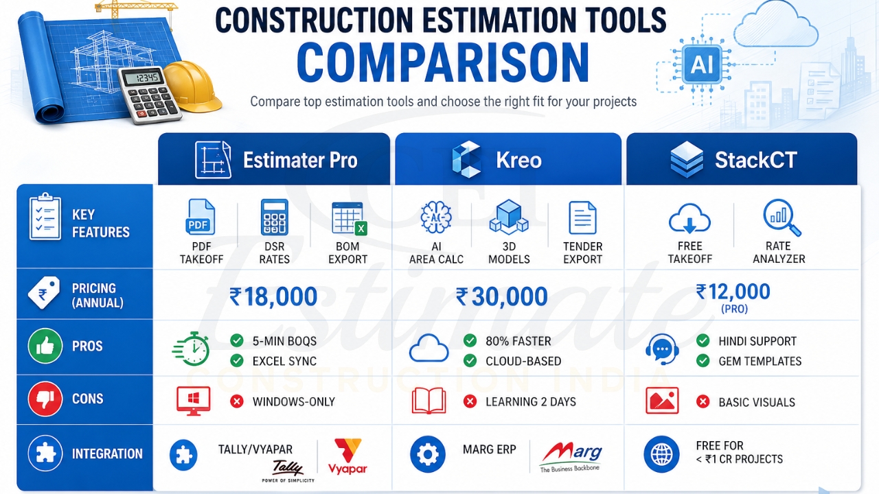 Construction estimation tools comparison chart featuring Estimator Pro, Kreo, and StackCT with pricing, features, pros, and integrations.