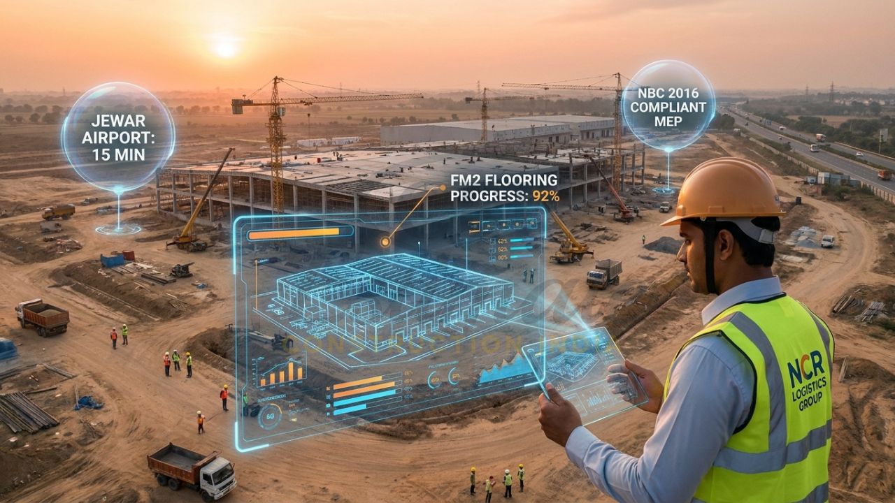 A professional Indian logistics developer using a transparent glass tablet with a 3D holographic dashboard showing warehouse construction progress, Jewar Airport connectivity, and RERA compliance.
