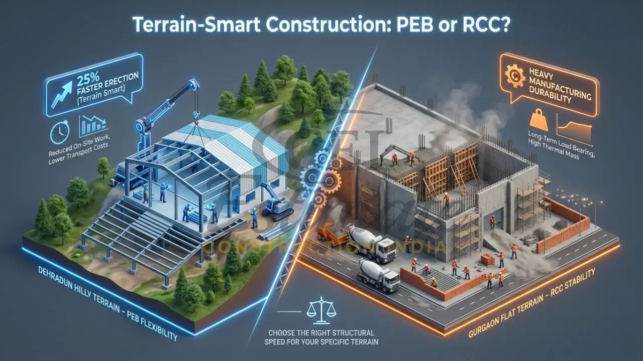 A conceptual 3D isometric infographic comparing a Pre-Engineered Building on a slope with a traditional RCC warehouse, highlighting time and cost savings.