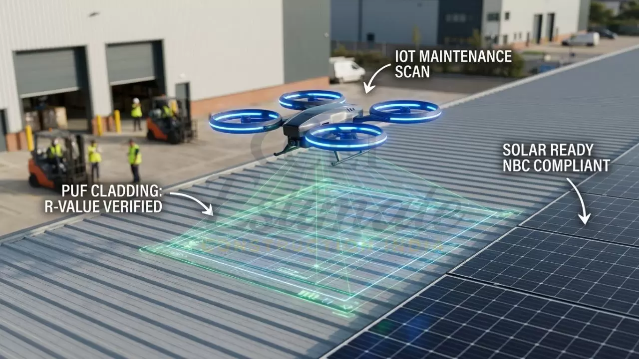 A macro close-up of a drone hovering over a warehouse roof, scanning PUF cladding and solar panel installations to generate a live energy efficiency report.