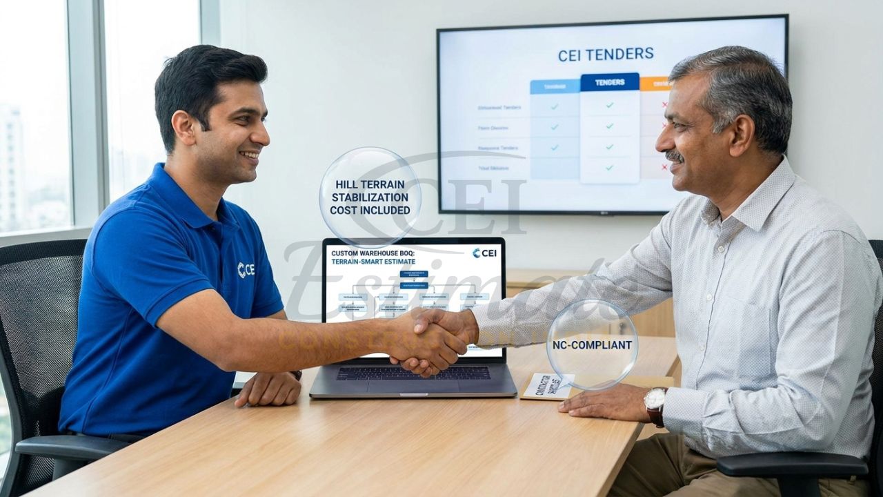 A professional technical consultant from Construction Estimator India shaking hands with a logistics developer, with a finalized BOQ and contractor comparison flowchart on a monitor behind them.