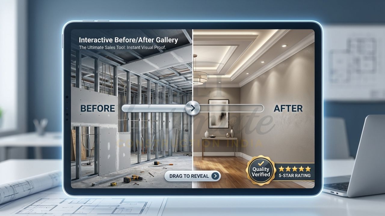 Interactive before-and-after gallery on a drywall contractor website.