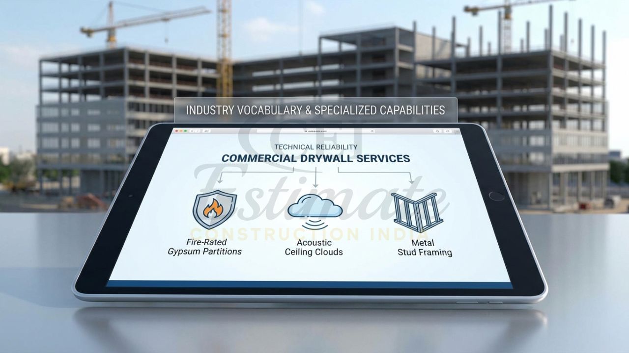 Drywall website service page featuring commercial gypsum partition and acoustic solutions.