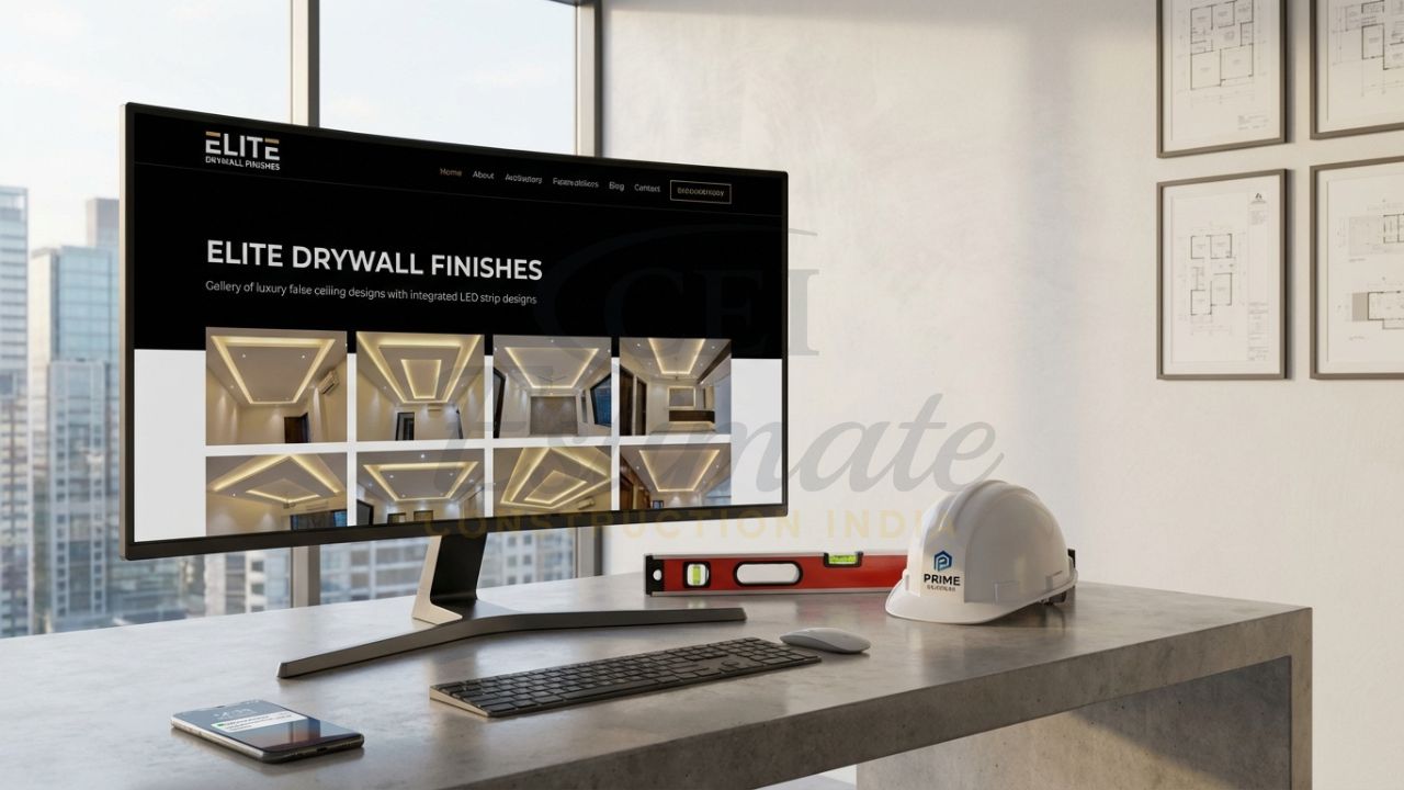 Professional website design for drywall companies in India showcasing high-end gypsum board finishes.