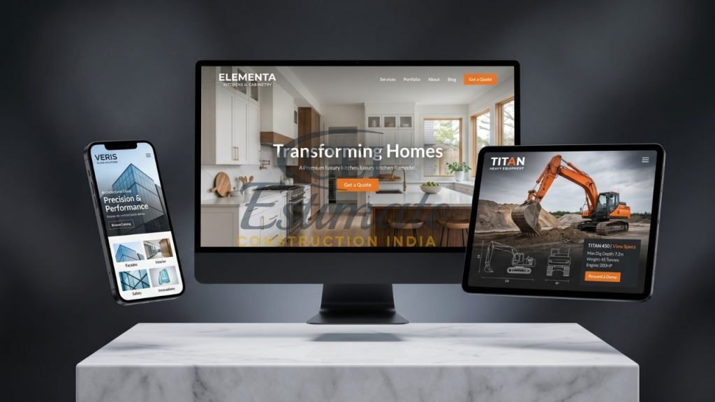 Construction website design for kitchen remodeling glass company and heavy equipment manufacturer on desktop tablet and mobile