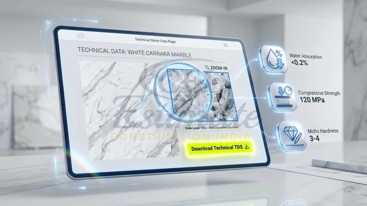 Marble manufacturer website product page with high-res texture zoom and technical specification downloads.