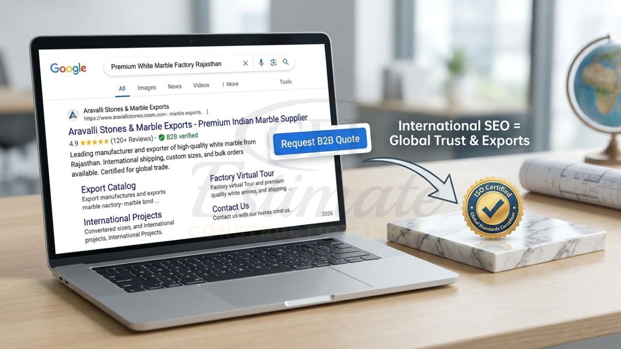 Google search results showing a marble manufacturing company ranking #1 for international B2B export keywords.