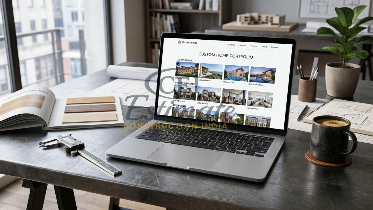 Custom home builder portfolio website displaying luxury villas duplexes and residential projects on laptop