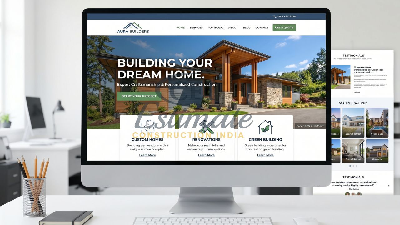 Residential construction company website design showcasing custom homes renovations and green building services on desktop