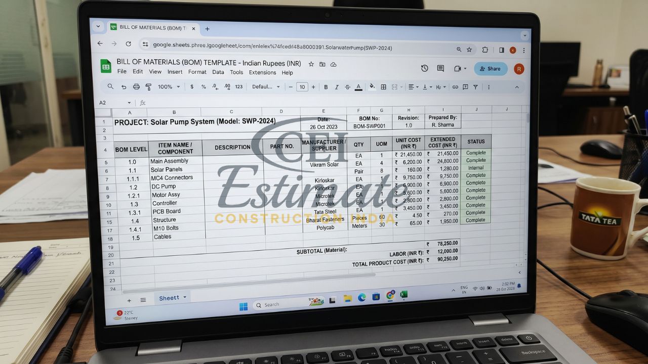 bill of materials template excel India construction BOM cost estimation sheet