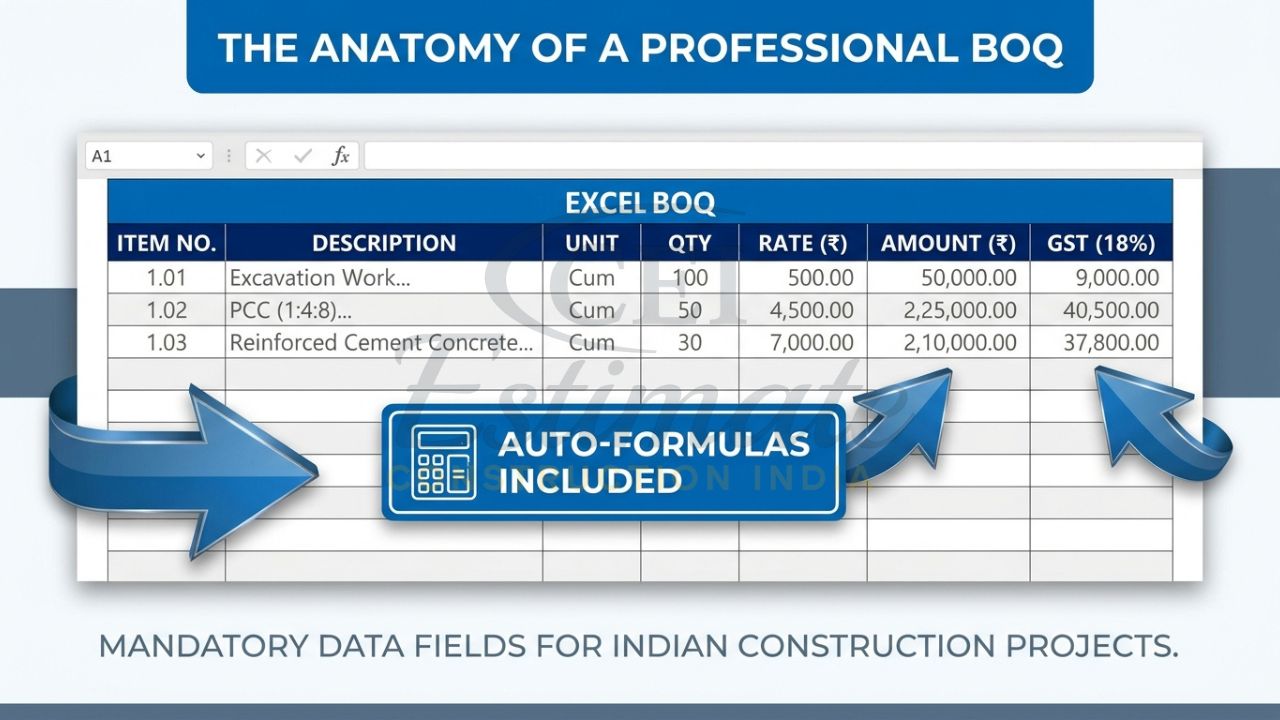 An instructional infographic showing the standard column headers for an Indian construction BOQ in Excel, including GST and Unit rates.