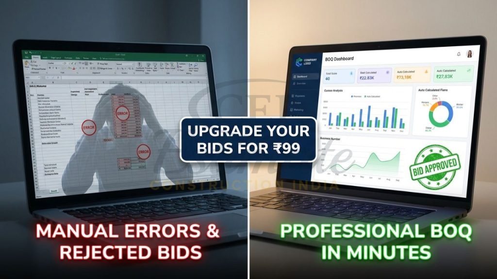 A split-screen comparison showing a messy manual Excel sheet with errors versus a clean, automated professional BOQ format with auto-calculations.