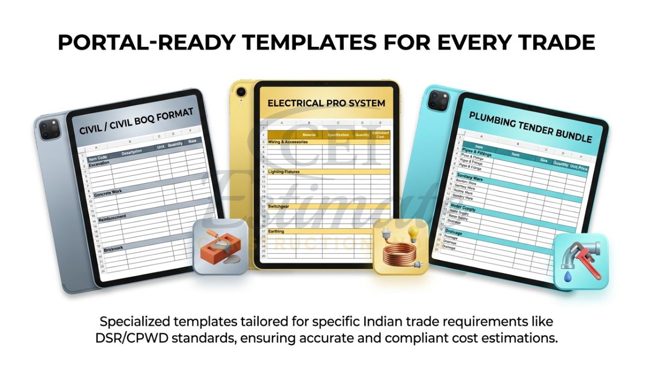 An infographic showing three tablet screens, each displaying a specialized BOQ template for Civil, Electrical, and Plumbing trades.