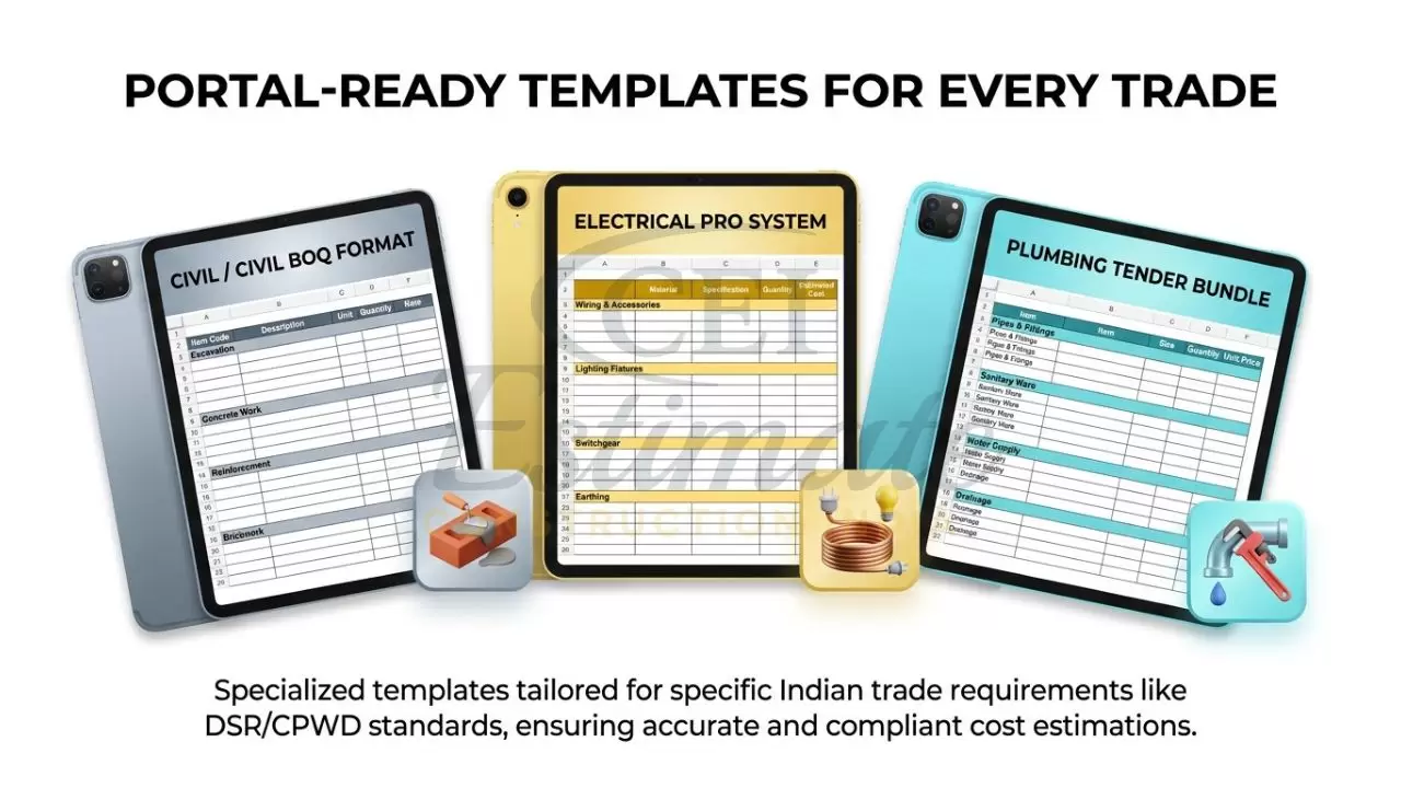 An infographic showing three tablet screens, each displaying a specialized BOQ template for Civil, Electrical, and Plumbing trades.