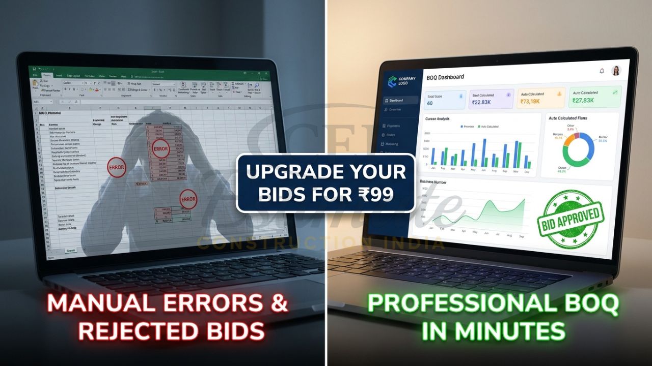 A split-screen comparison showing a messy manual Excel sheet with errors versus a clean, automated professional BOQ format with auto-calculations.