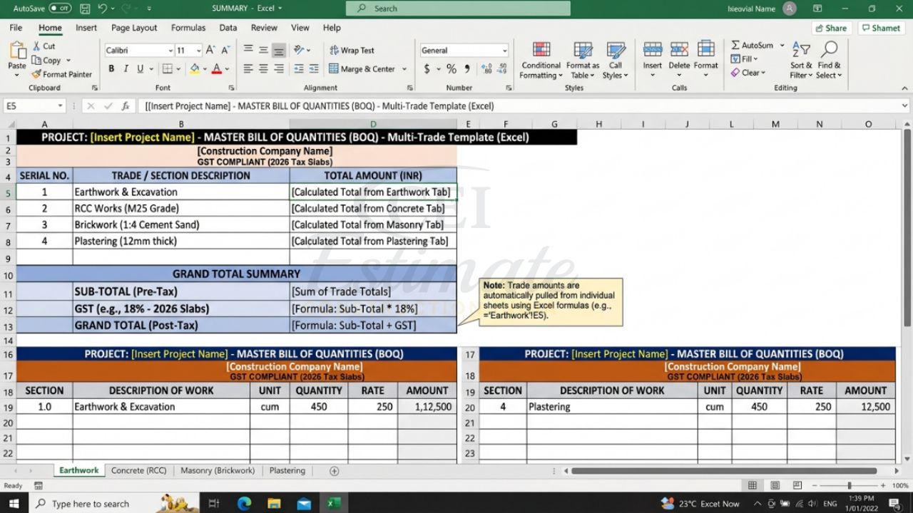 master bill of quantities boq excel template for construction projects in India including earthwork RCC brickwork plaster with GST calculation