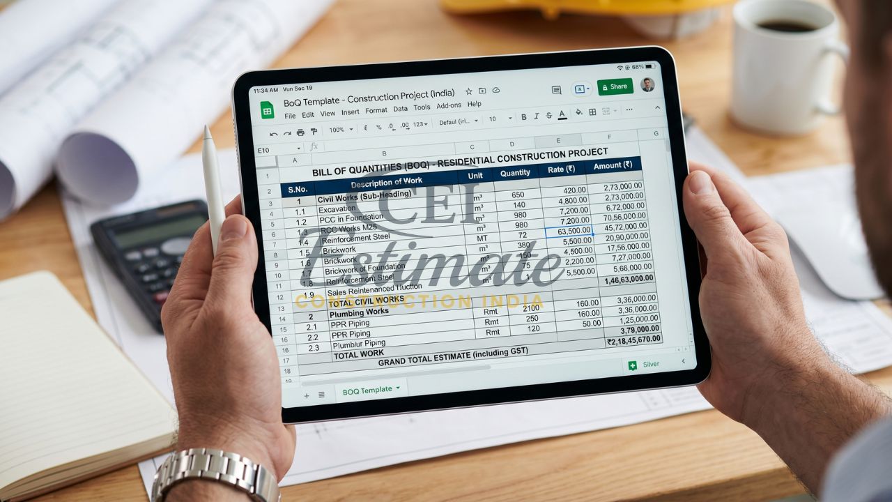 bill of quantities template construction India BOQ excel residential cost estimate sheet