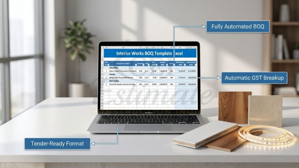 Professional automated Bill of Quantities BOQ template Excel mockup for interior works in India