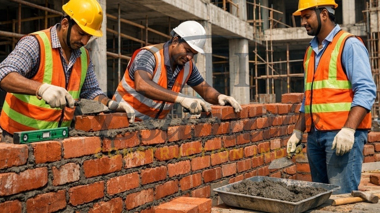 Brick wall construction process with workers, mortar mix, and site tools