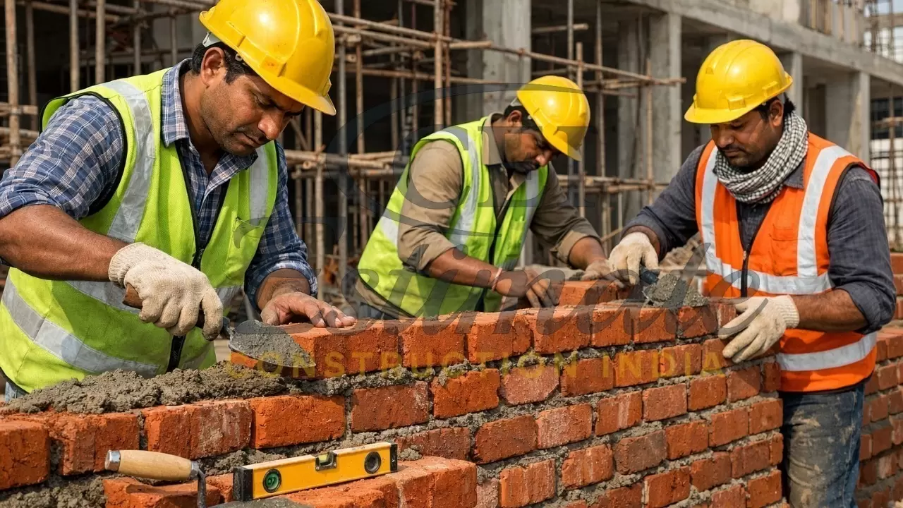 Masonry work in progress with red bricks, cement mix, and construction labor