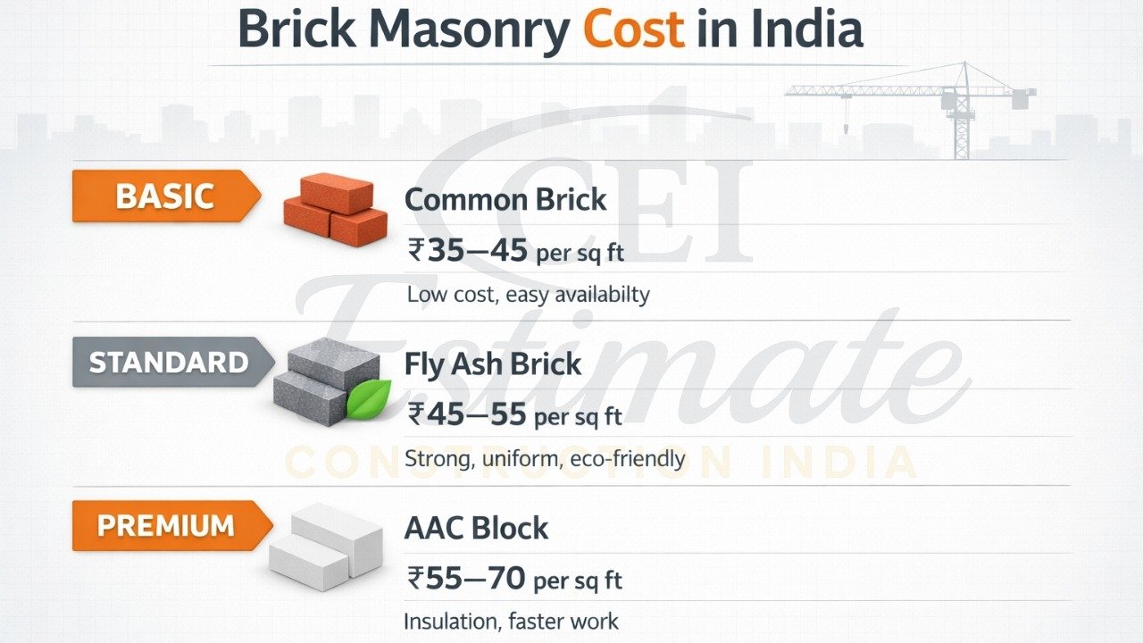 Brick masonry cost comparison chart in India with basic, standard, and premium brick types