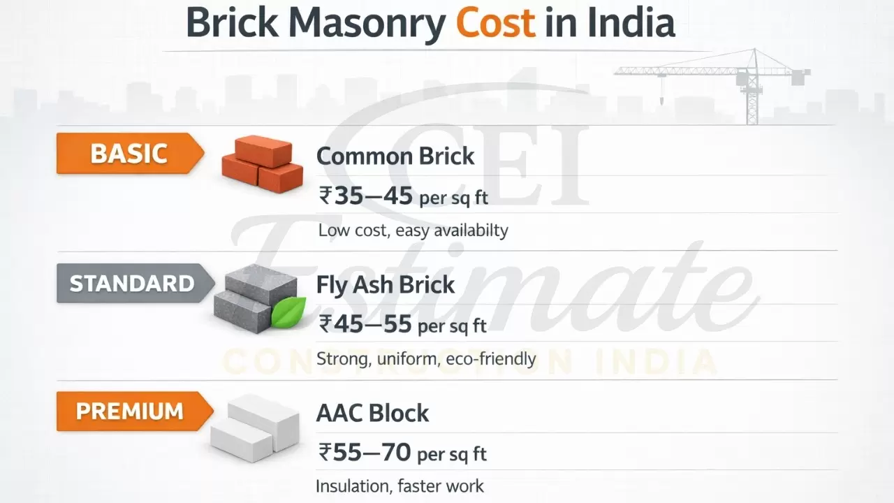 Brick masonry cost comparison chart in India with basic, standard, and premium brick types