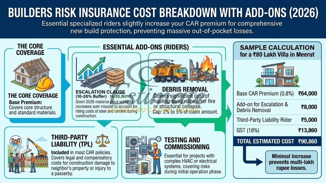 Builders risk insurance cost breakdown India 2026 showing premium add-ons escalation clause debris removal and total cost ₹90860
